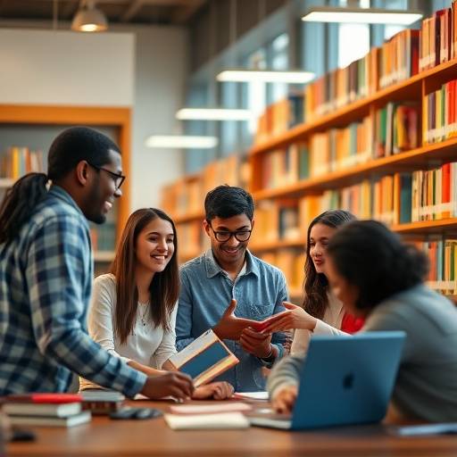 A group of diverse students studying together in a library, symbolizing collaboration and lifelong learning.