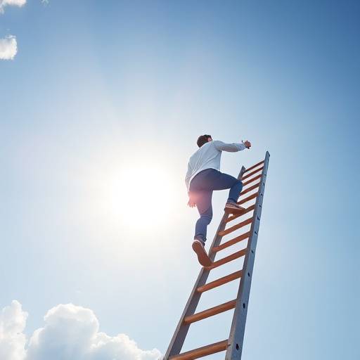 A person climbing a ladder towards a bright sky, representing career advancement and opportunity.